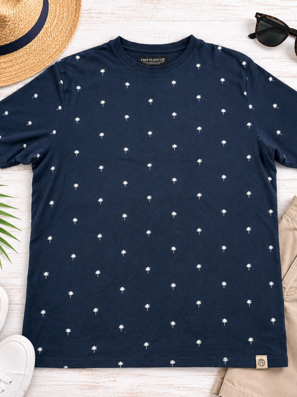 Free Planet Navy Short-Sleeve Crewneck T-Shirt with White Palm Print